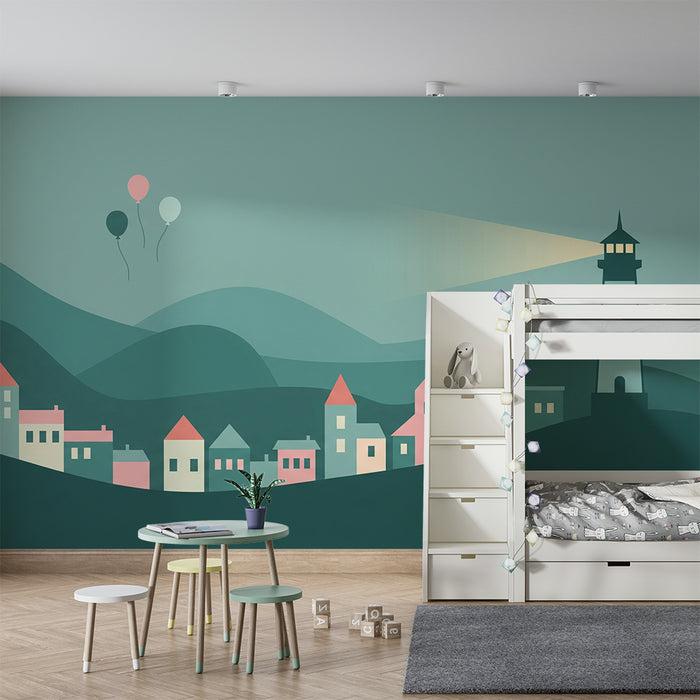 Kids room wallpaper | Colorful village with lighthouse and balloons in a soothing landscape