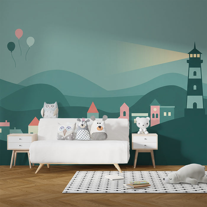 Kids room wallpaper | Colorful village with lighthouse and balloons in a soothing landscape