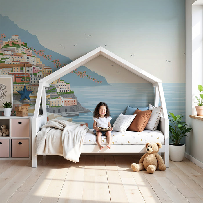 Behang kinderkamer | Kleurrijk dorp met uitzicht op zee