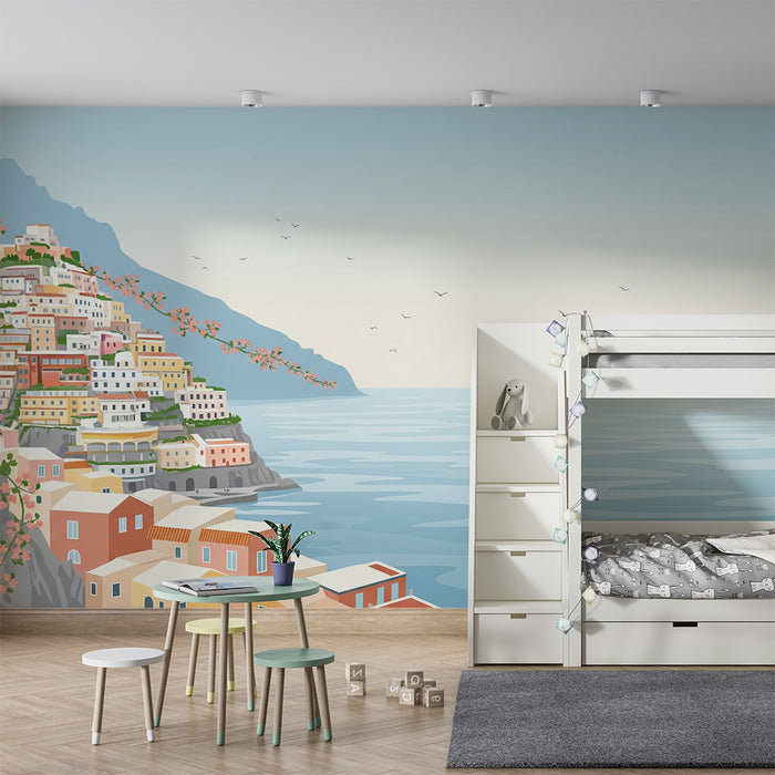 Behang kinderkamer | Kleurrijk dorp met uitzicht op zee