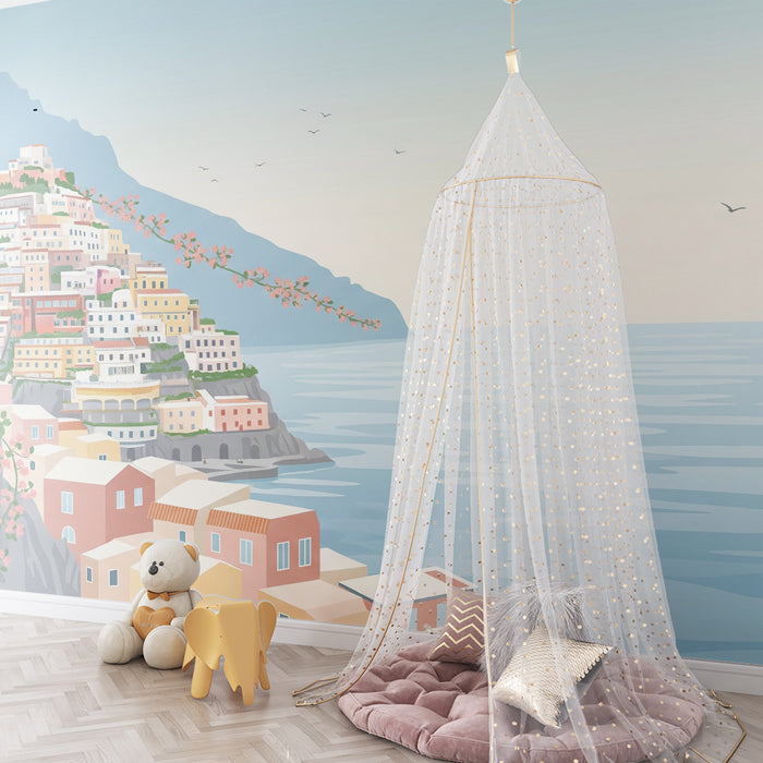 Behang kinderkamer | Kleurrijk dorp met uitzicht op zee