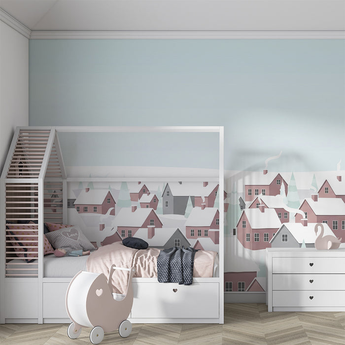 Barntapet | Vinterby med färgglada hus och granar