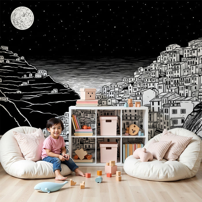 Χαρτί τοίχου παιδικού δωματίου | Νυχτερινό χωριό σε μαύρο και λευκό με λαμπερή σελήνη