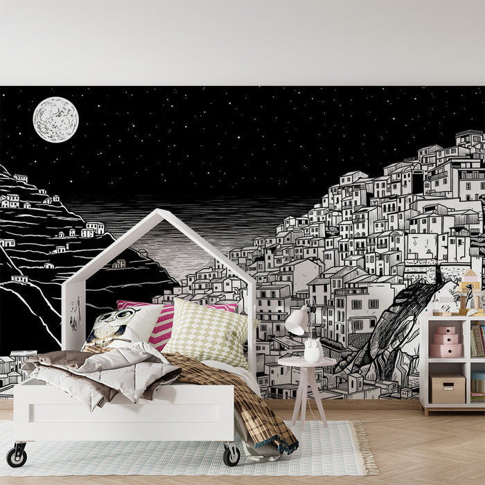 Χαρτί τοίχου παιδικού δωματίου | Νυχτερινό χωριό σε μαύρο και λευκό με λαμπερή σελήνη