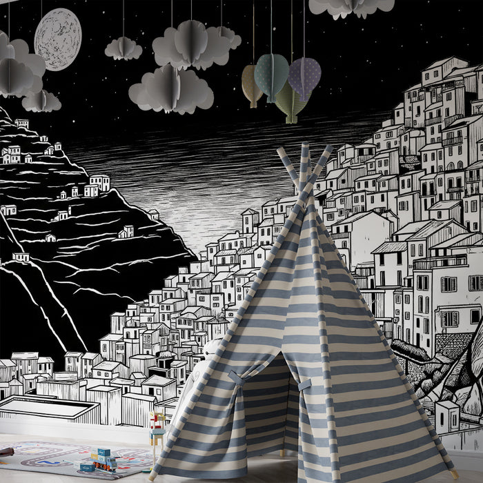 Χαρτί τοίχου παιδικού δωματίου | Νυχτερινό χωριό σε μαύρο και λευκό με λαμπερή σελήνη