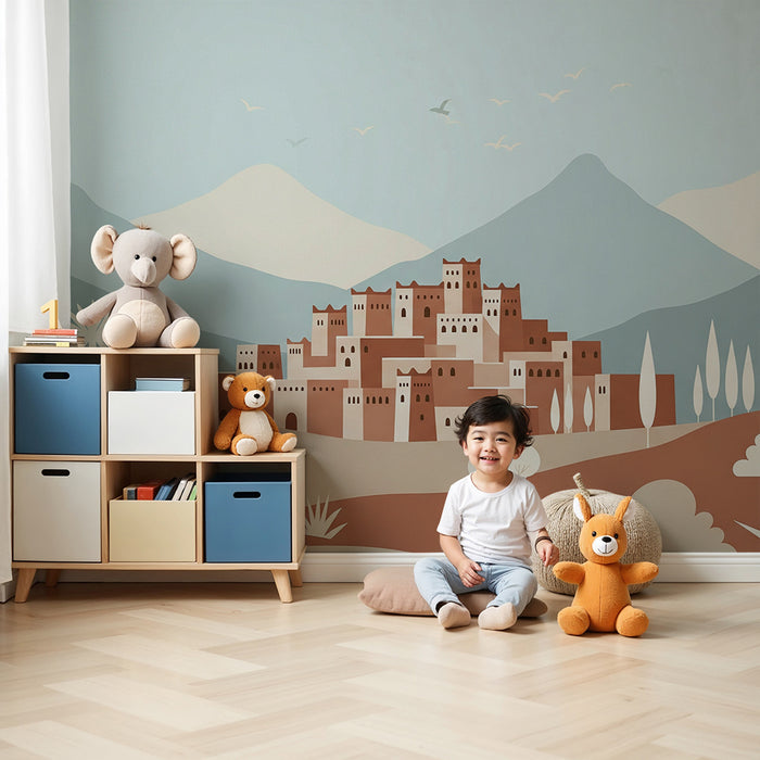 Papier peint chambre enfant | Village paisible au milieu des montagnes