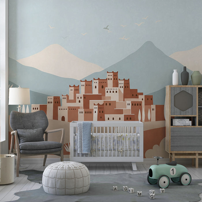 Papier peint chambre enfant | Village paisible au milieu des montagnes