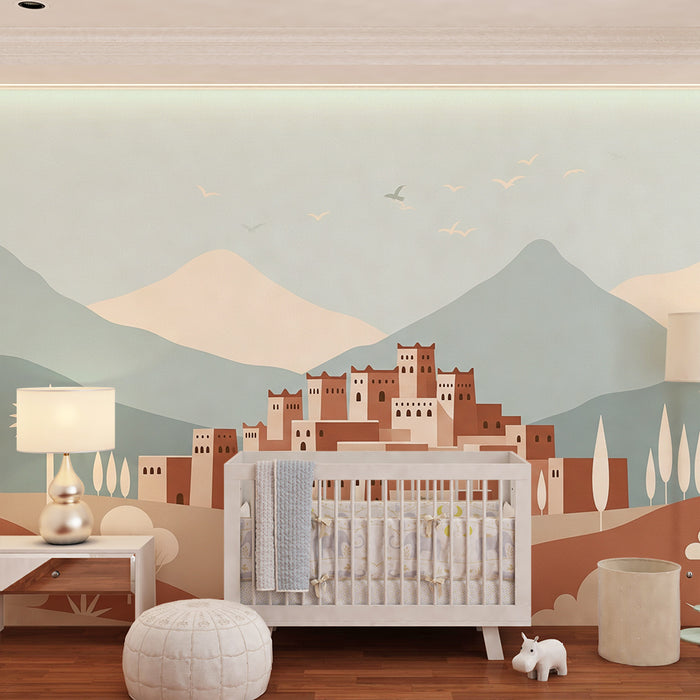 Papier peint chambre enfant | Village paisible au milieu des montagnes