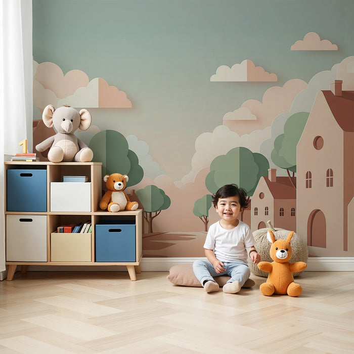 Kinderzimmer Tapete | Pastell Dorf mit stilisierten Häusern und Bäumen