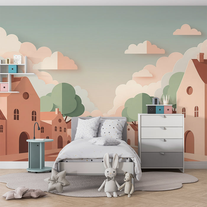 Kinderzimmer Tapete | Pastell Dorf mit stilisierten Häusern und Bäumen