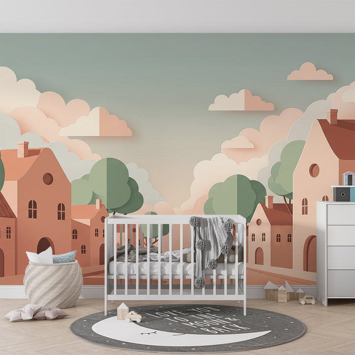 Kinderzimmer Tapete | Pastell Dorf mit stilisierten Häusern und Bäumen