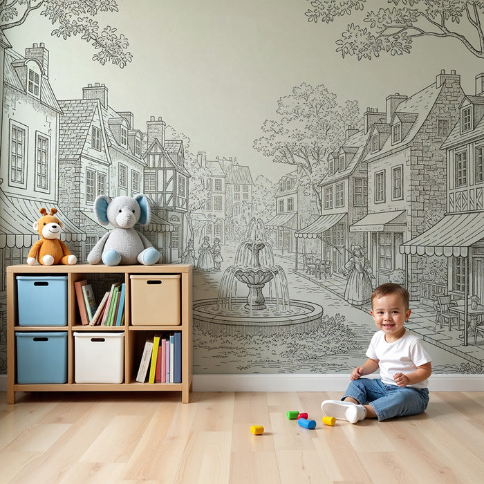 Papier peint chambre enfant | Village pittoresque avec fontaine et maisons anciennes