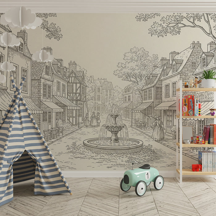 Papier peint chambre enfant | Village pittoresque avec fontaine et maisons anciennes