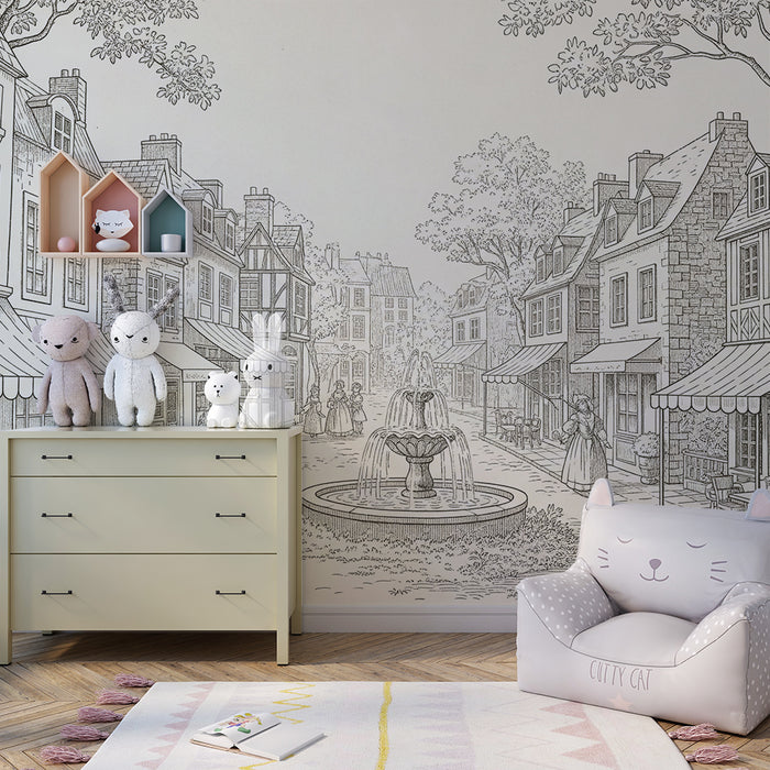 Papier peint chambre enfant | Village pittoresque avec fontaine et maisons anciennes