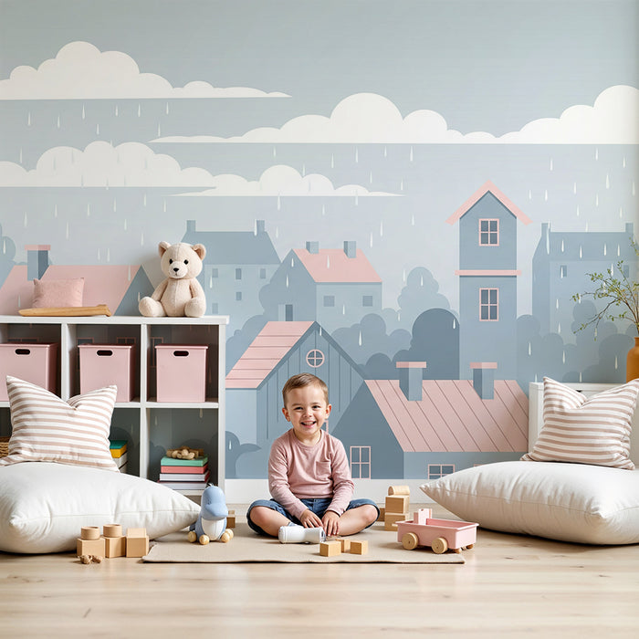 Børneværelse tapet | Landsby i regnvejr med pastelfarvede huse