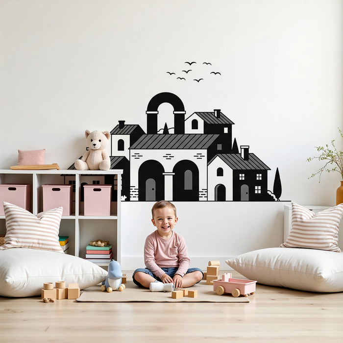 Gyermekszoba tapéta | Fekete-fehér stilizált falu
