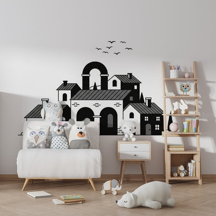 Gyermekszoba tapéta | Fekete-fehér stilizált falu