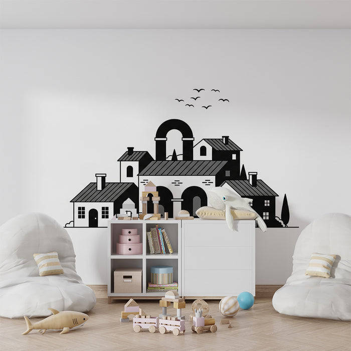 Gyermekszoba tapéta | Fekete-fehér stilizált falu