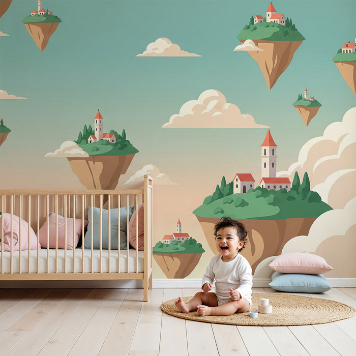 Kinderzimmer Tapete | Schwimmende Dörfer auf schwebenden Inseln in den Wolken
