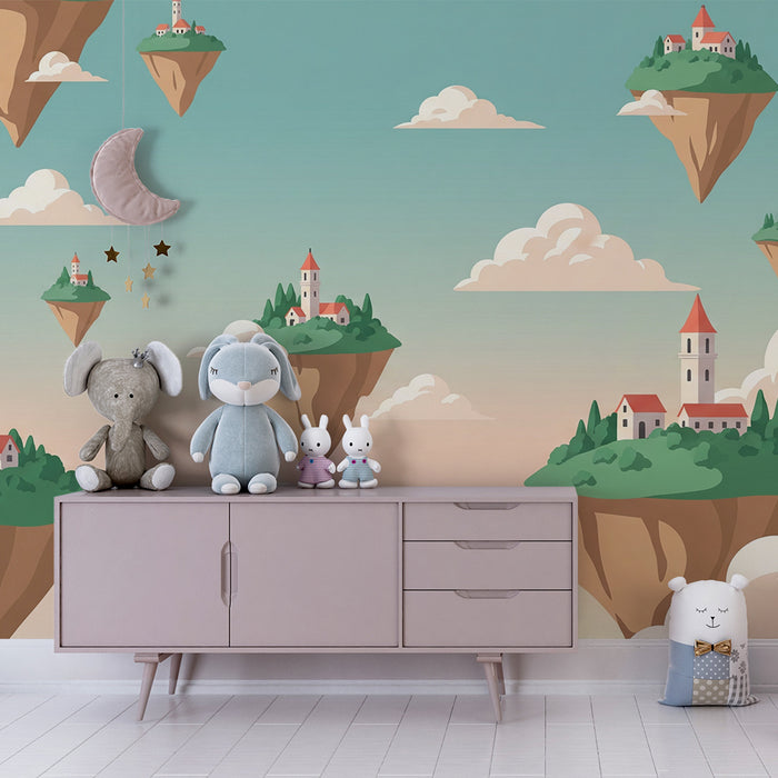 Kinderzimmer Tapete | Schwimmende Dörfer auf schwebenden Inseln in den Wolken