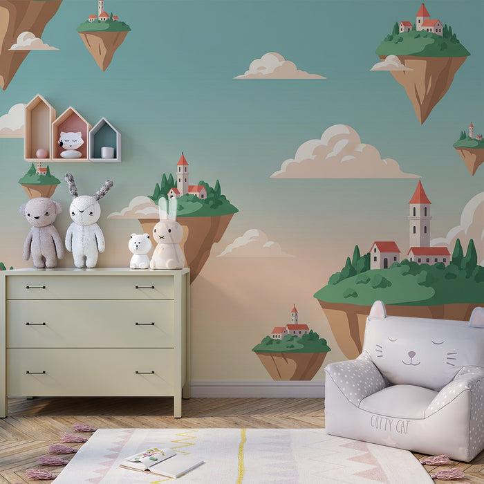 Kinderzimmer Tapete | Schwimmende Dörfer auf schwebenden Inseln in den Wolken