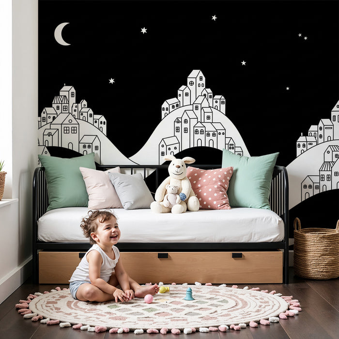 Tapety dla dzieci | Nocne wioski na czarno-białych wzgórzach