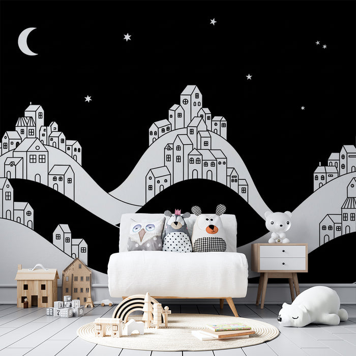 Tapety dla dzieci | Nocne wioski na czarno-białych wzgórzach