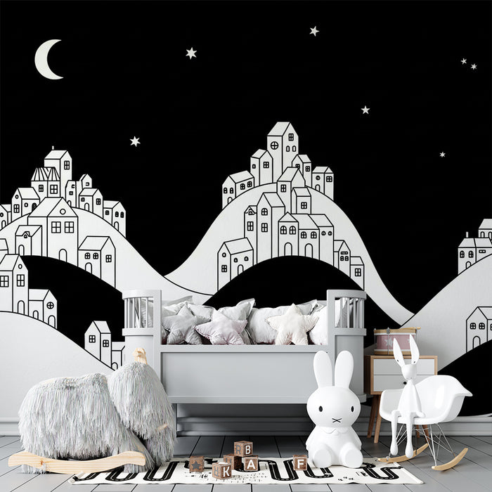 Tapety dla dzieci | Nocne wioski na czarno-białych wzgórzach