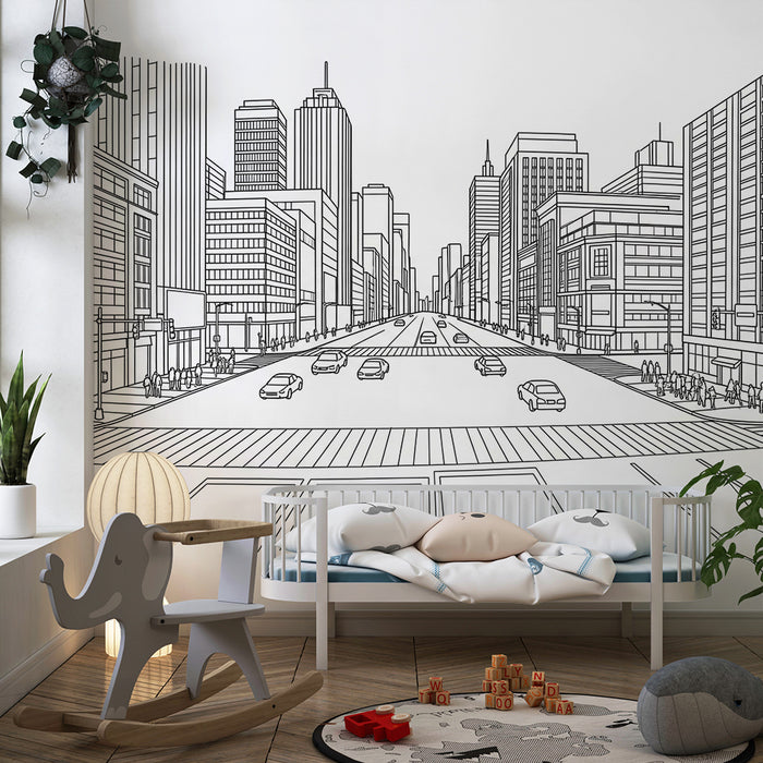 Papel de parede para quarto de criança | Cidade animada com arranha-céus e trânsito