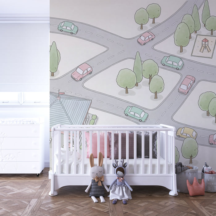 Papier peint chambre enfant | Ville animée avec route et école