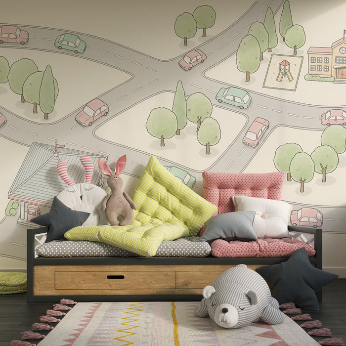 Papier peint chambre enfant | Ville animée avec route et école
