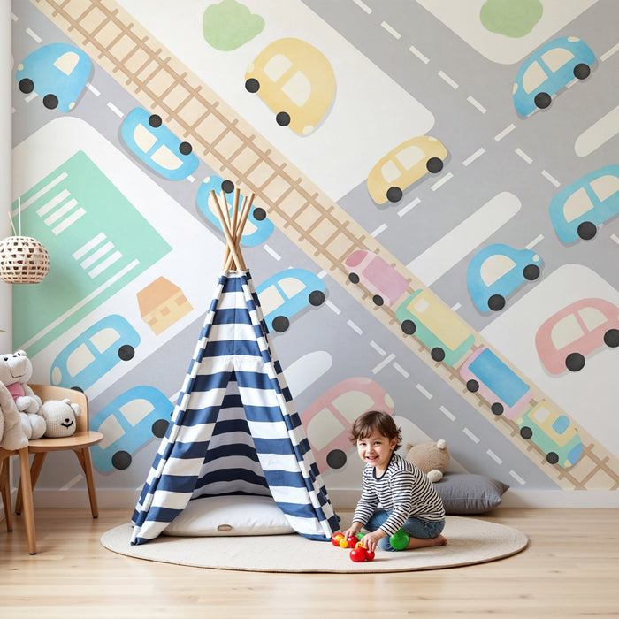 Papier peint chambre enfant | Ville animée avec routes et trains