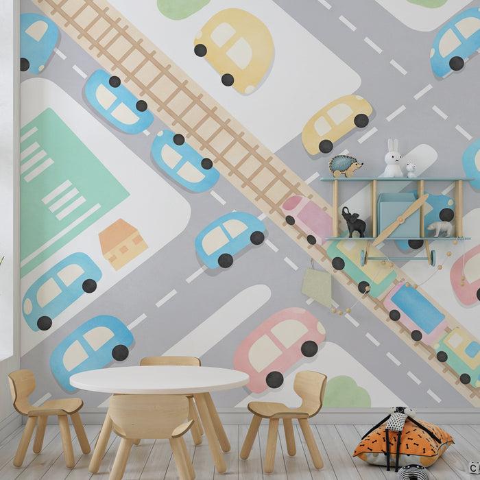 Papier peint chambre enfant | Ville animée avec routes et trains