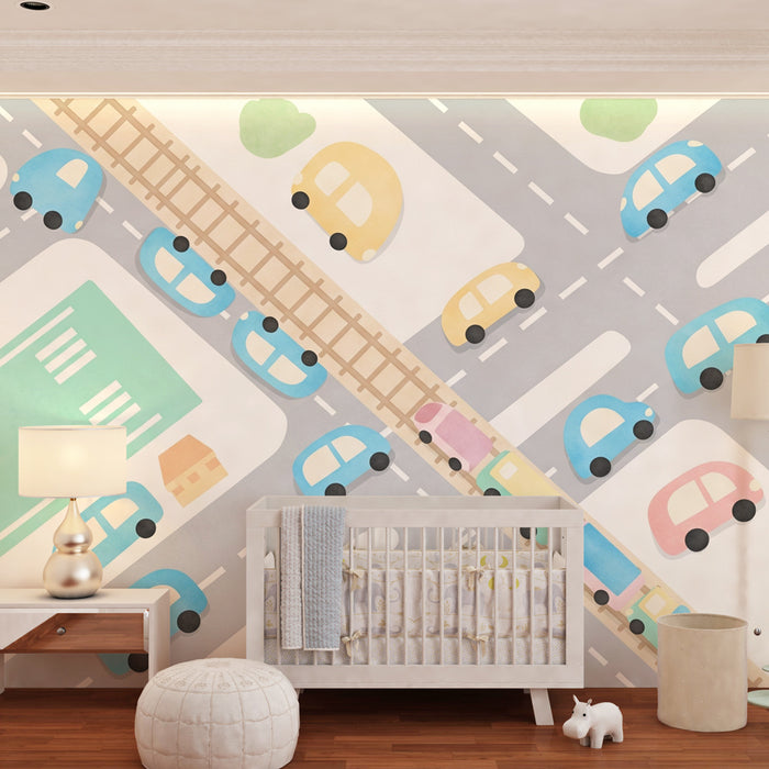 Papier peint chambre enfant | Ville animée avec routes et trains
