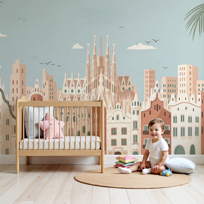 Papier peint chambre enfant | Ville colorée avec architecture inspirée de Gaudí