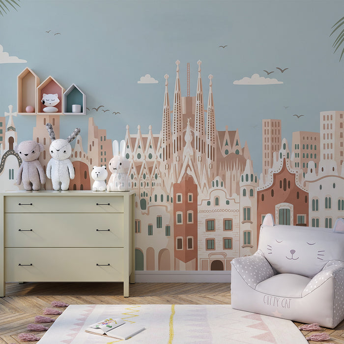 Papier peint chambre enfant | Ville colorée avec architecture inspirée de Gaudí