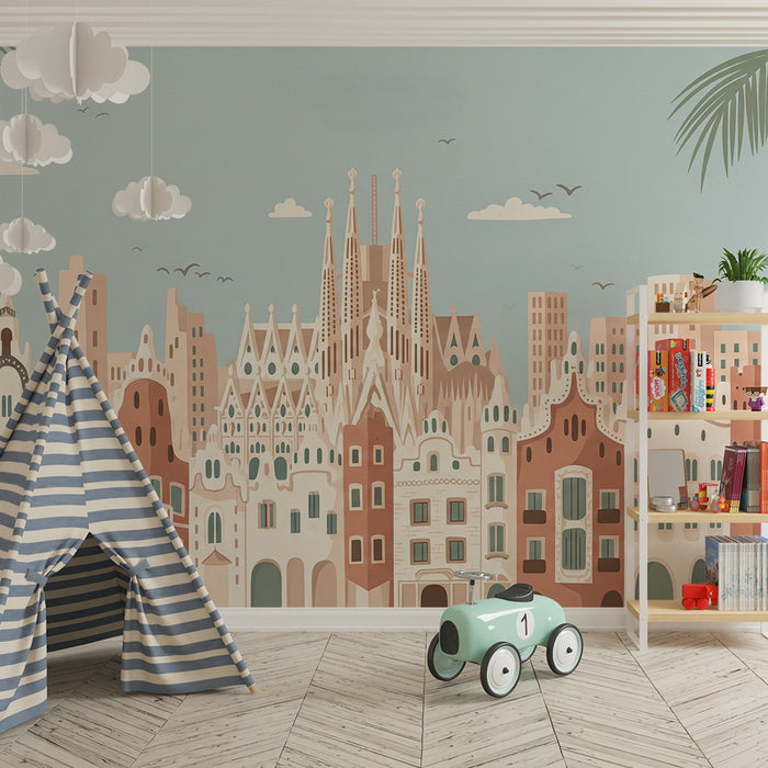 Papier peint chambre enfant | Ville colorée avec architecture inspirée de Gaudí