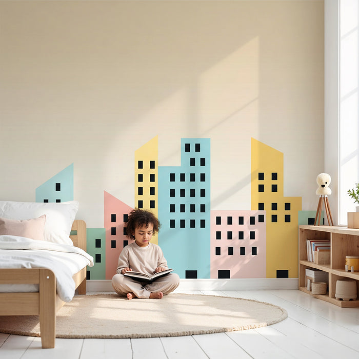 Dětská pokojová tapeta | Barevné město s moderními budovami