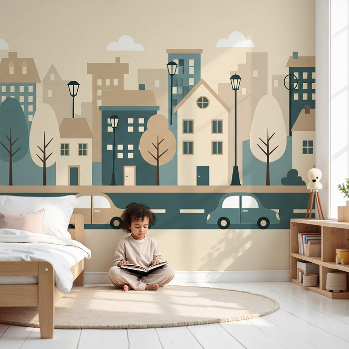 Papier peint chambre enfant | Ville colorée avec maisons et voitures