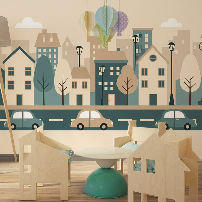 Papier peint chambre enfant | Ville colorée avec maisons et voitures