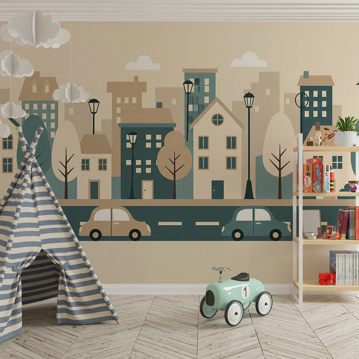 Papier peint chambre enfant | Ville colorée avec maisons et voitures