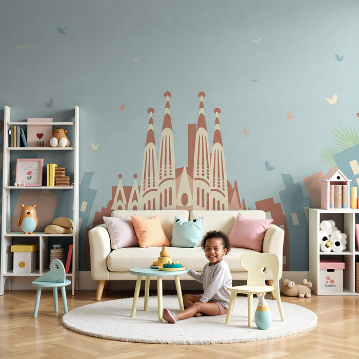 Papier peint chambre enfant | Ville colorée avec monument emblématique et oiseaux en vol