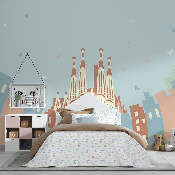 Papier peint chambre enfant | Ville colorée avec monument emblématique et oiseaux en vol