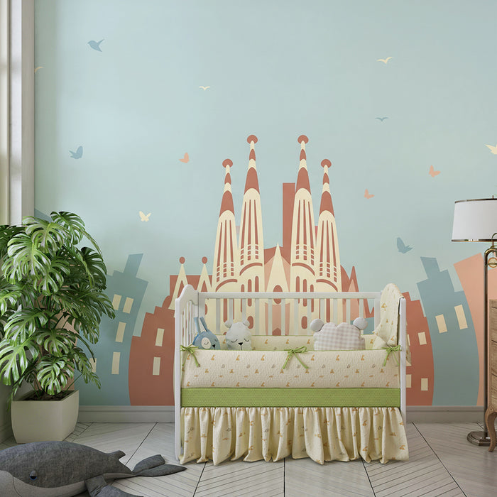 Papier peint chambre enfant | Ville colorée avec monument emblématique et oiseaux en vol