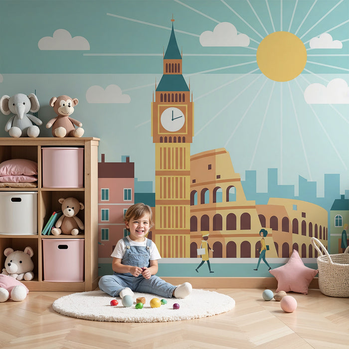 Kids room wallpaper | Värviline linn koos ikooniliste monumentidega