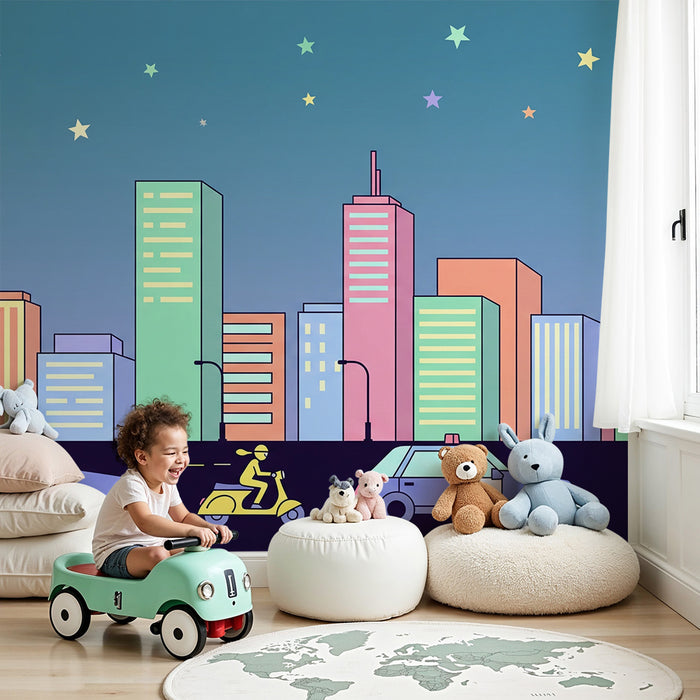 Papel de parede infantil | Cidade colorida com carros da polícia e estrelas cintilantes