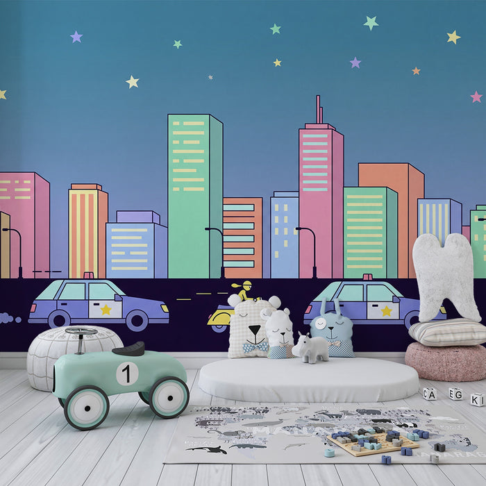 Papel de parede infantil | Cidade colorida com carros da polícia e estrelas cintilantes