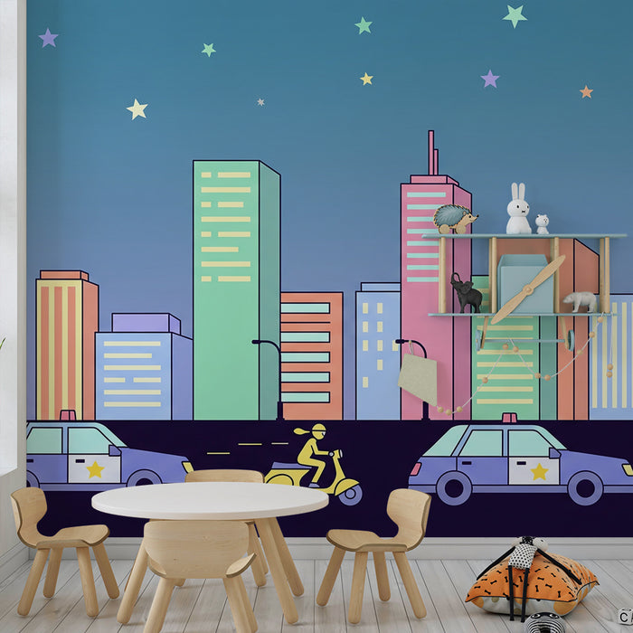Papel de parede infantil | Cidade colorida com carros da polícia e estrelas cintilantes