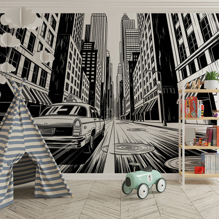 Papel de parede para quarto de criança | Cidade vibrante com táxi e arranha-céus a preto e branco