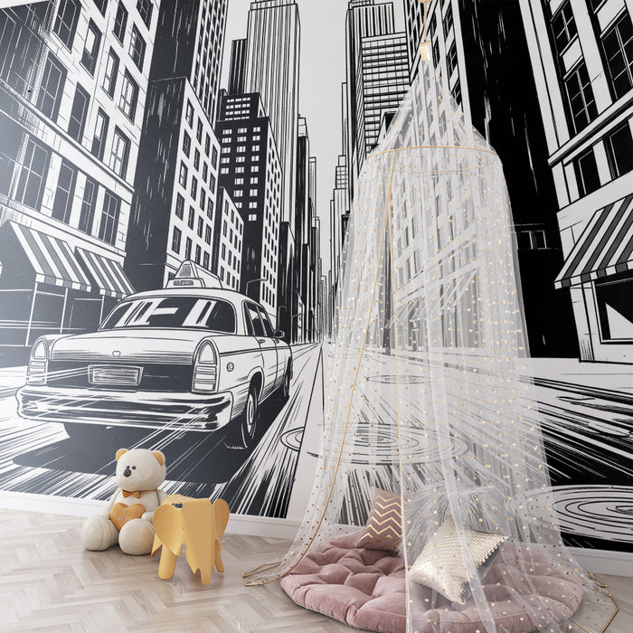 Papel de parede para quarto de criança | Cidade vibrante com táxi e arranha-céus a preto e branco